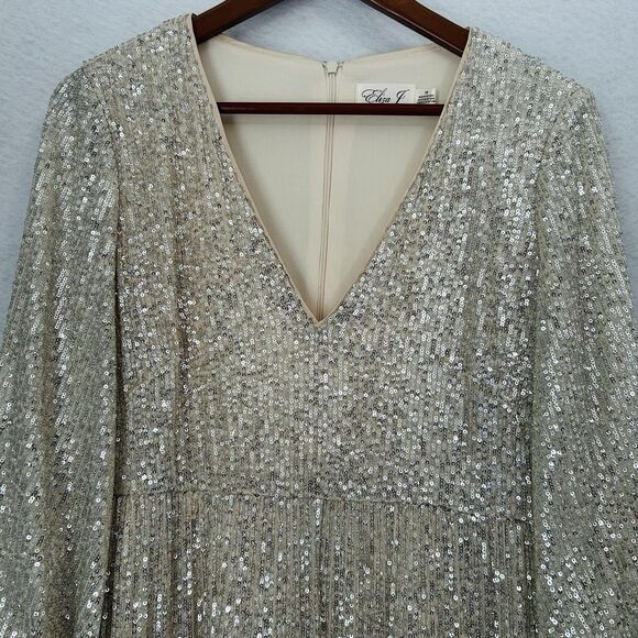 Eliza J Dress Women 10 Cream Gold Sequin Lined Cocktail Party Boho Sparkly NWT - Picture 9 of 16